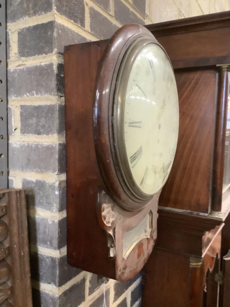 James Park of Preston. An early 19th century brass inset mahogany drop dial wall clock, with single fusee movement, height 51cm